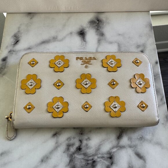 Prada Handbags - Rare Prada Saffiano Leather Cream / Yellow Flower Long Wallet w COA